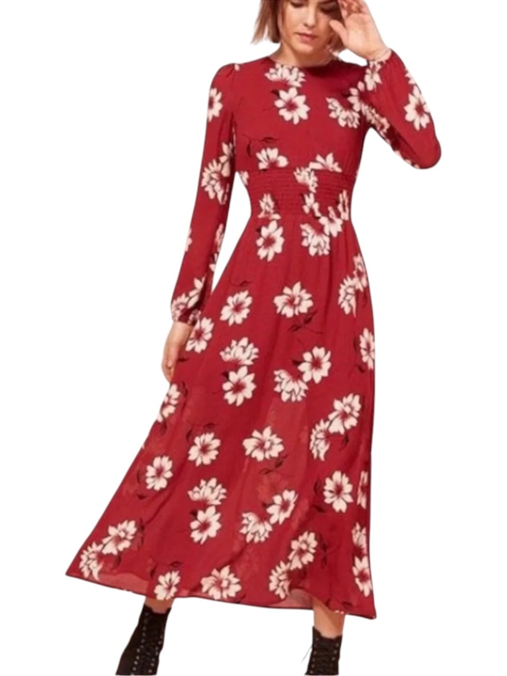 Reformation Virginia Dress Midi Long Sleeve Floral Freddie Print Red White SZ6